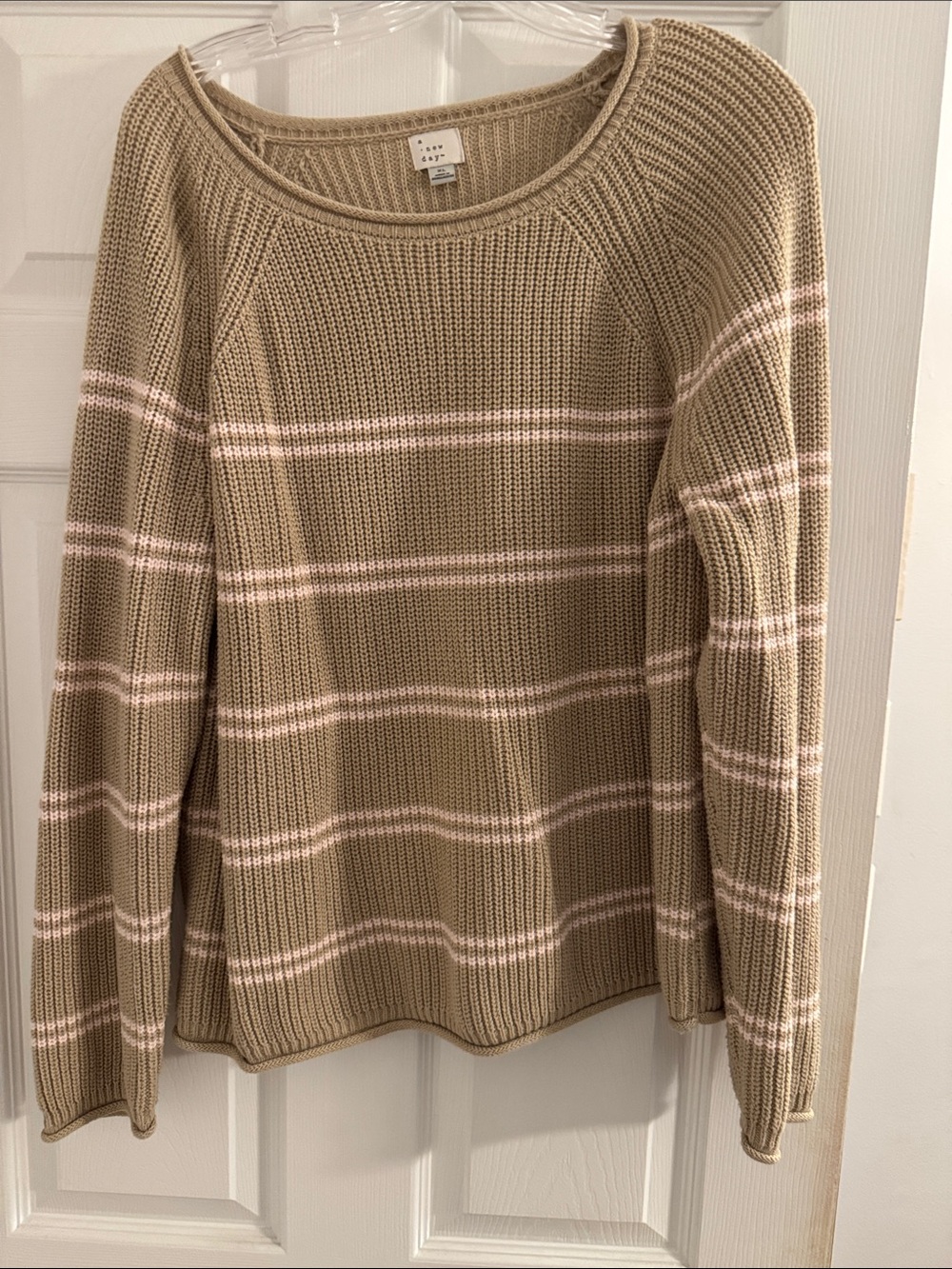 a new day Beige Knit Crewneck Sweater with Cream Stripes